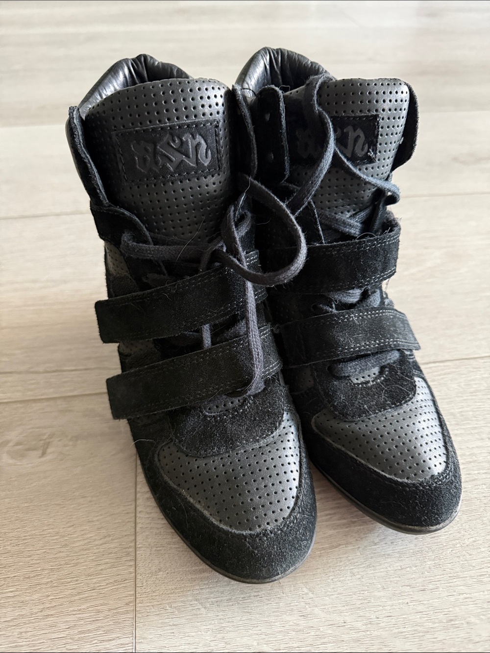 Ash Black Suede & Perforated Leather Wedge Sneakers